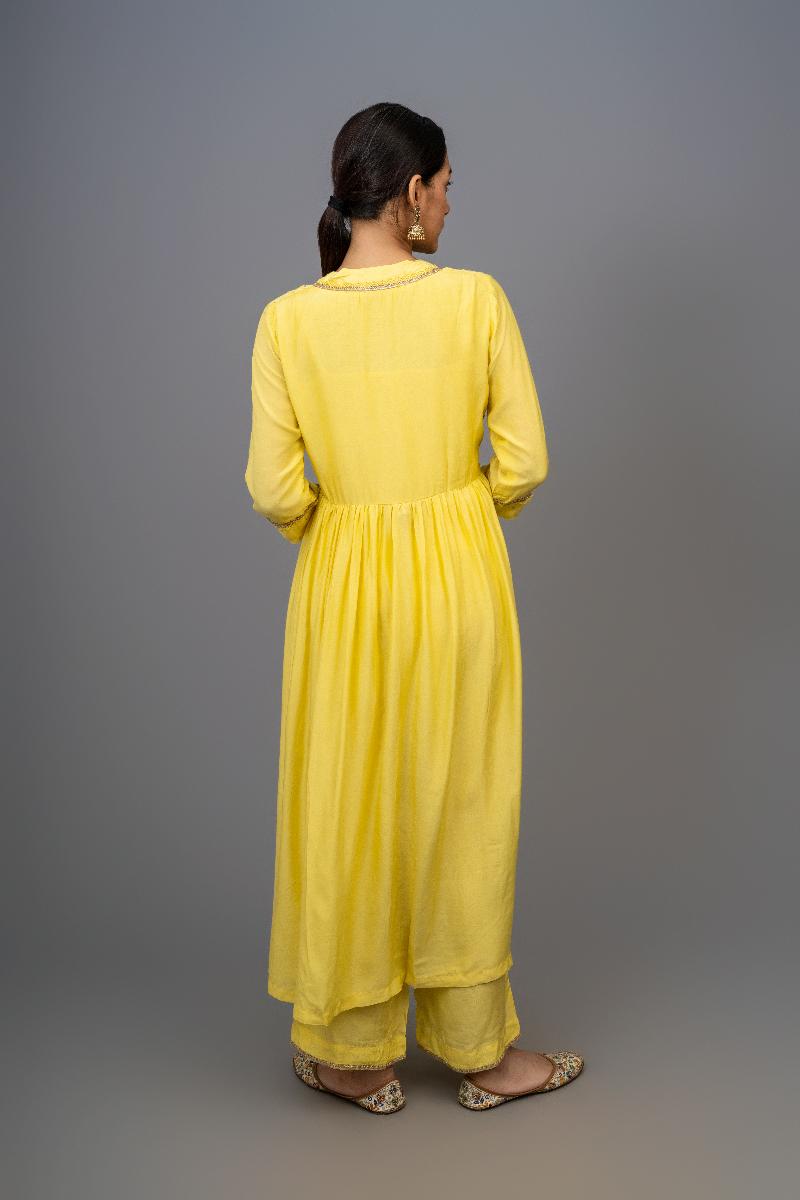 Yellow Hand Embroidered Gathered A-line Cotton Silk Kurta with Pants - Set of 2