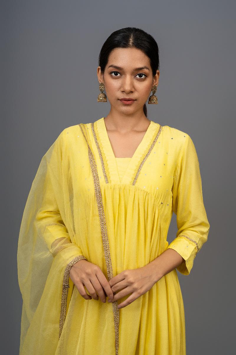 Yellow Hand Embroidered Gathered A-line Cotton Silk Kurta with Pants - Set of 2