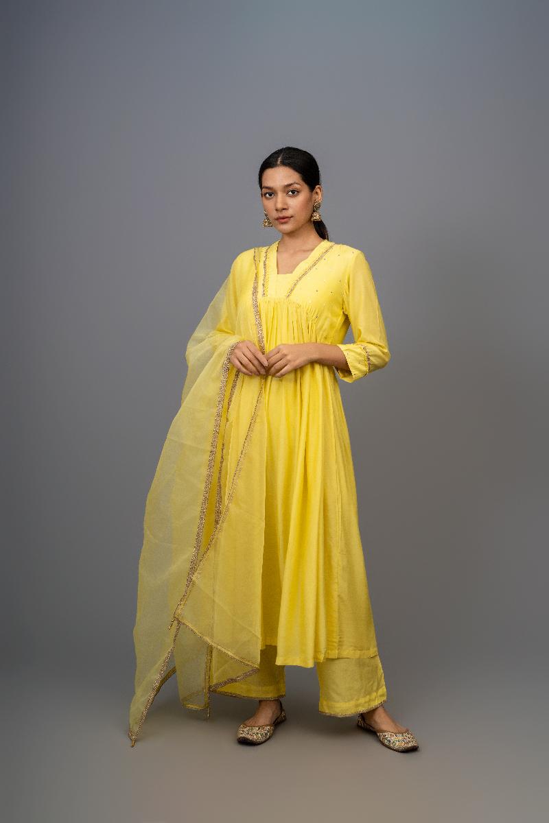 Yellow Hand Embroidered Gathered A-line Cotton Silk Kurta with Pants - Set of 2