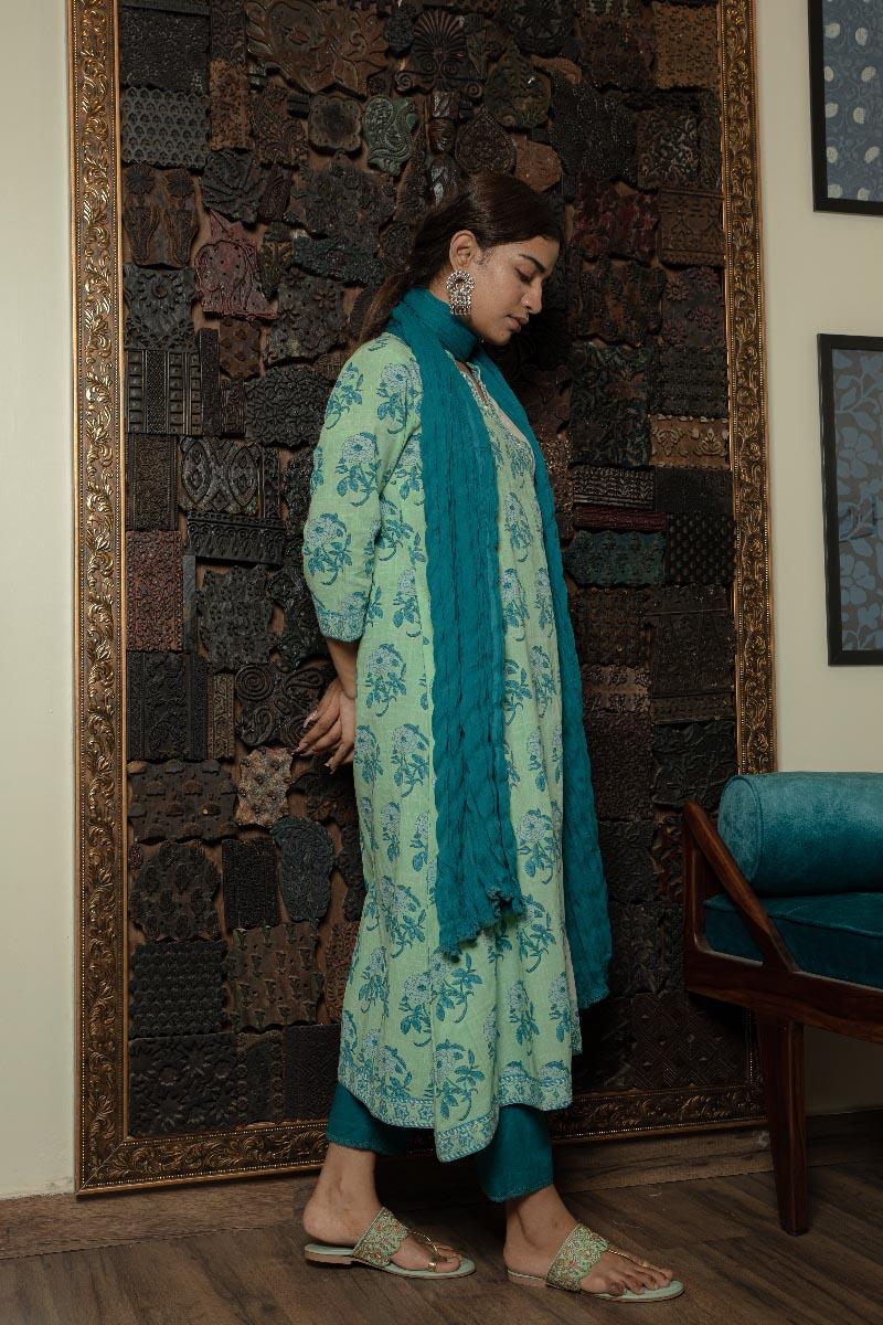 Sea Green Hand Block Printed Cotton Slub Angrakha Suit with Mulmul Dupatta - Set of 3