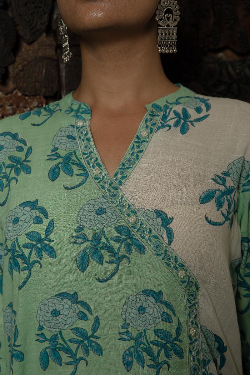 Sea Green Hand Block Printed Cotton Slub Angrakha Suit with Mulmul Dupatta - Set of 3