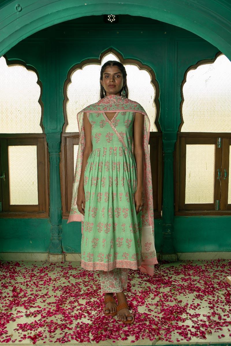 Sea Green Hand Block Printed Cotton Slub Suit with Pink Mulmul Dupatta - Set of 3