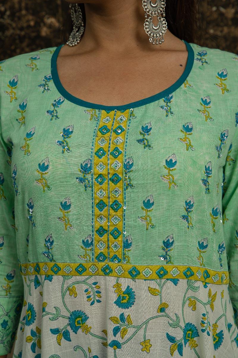 Sea Green Off White Hand Block Printed Cotton Kurta with Teal Blue Pants and Mulmul Dupatta - Set of 3