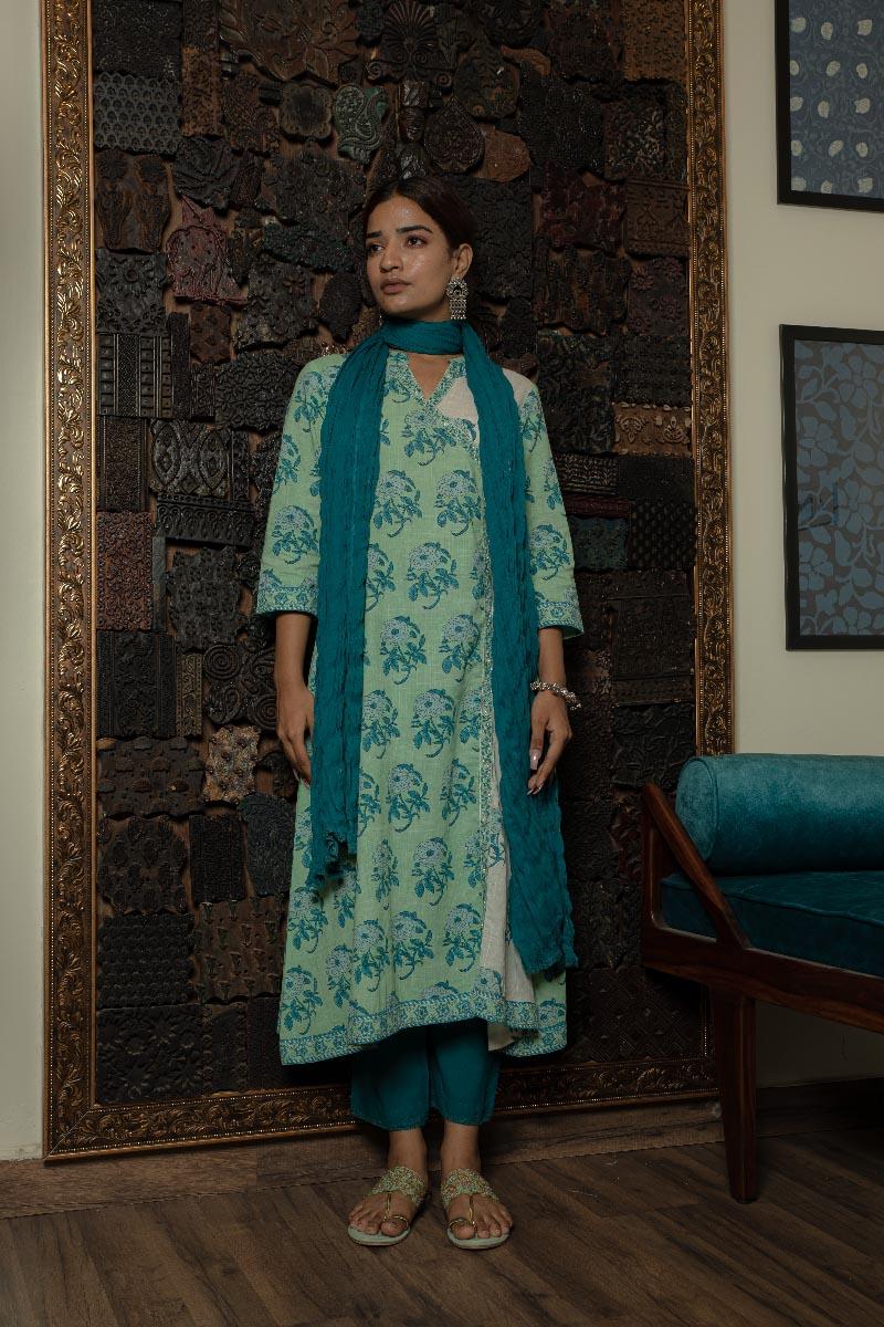 Sea Green Hand Block Printed Cotton Slub Angrakha Suit with Mulmul Dupatta - Set of 3