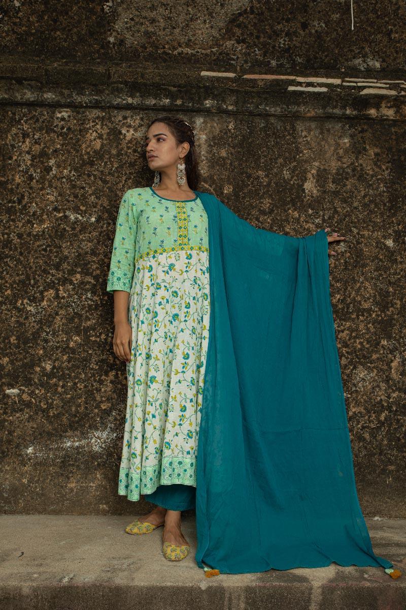 Sea Green Off White Hand Block Printed Cotton Kurta with Teal Blue Pants and Mulmul Dupatta - Set of 3