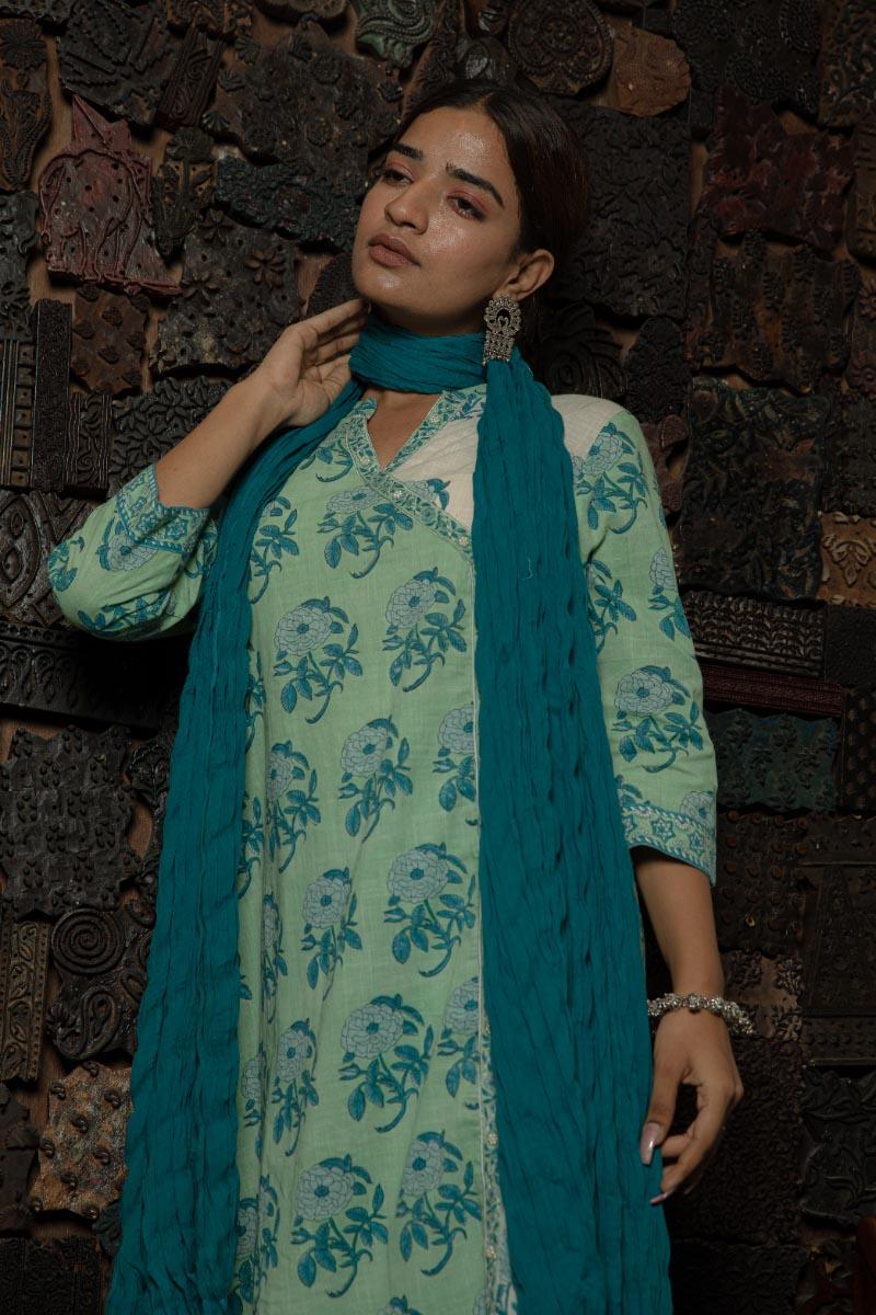 Sea Green Hand Block Printed Cotton Slub Angrakha Suit with Mulmul Dupatta - Set of 3