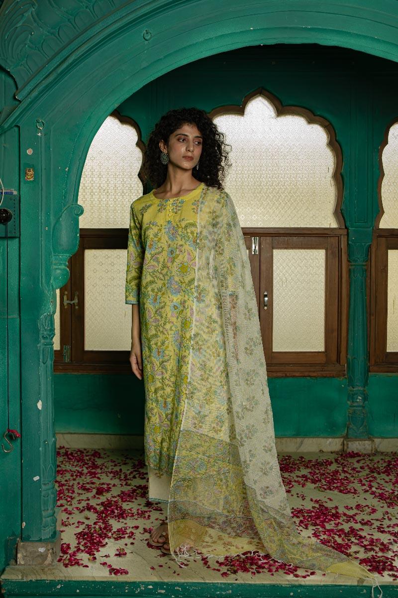 Lemon Green Hand Block Printed Cotton Slub Kurta with Beige Palazzo and Kota Doria Dupatta - Set of 3