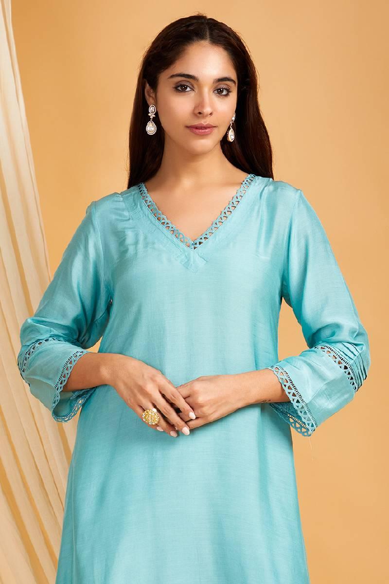 Sky Blue Lace Work Cotton Silk Kurta