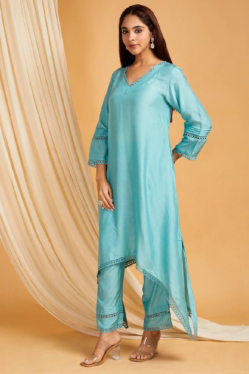 Sky Blue Lace Work Cotton Silk Kurta