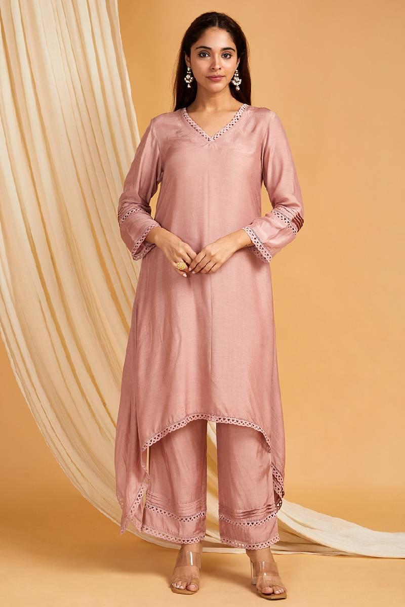 Old Rose A-Line Cotton Silk Kurta & Pants with Lace Work- Set  of 2