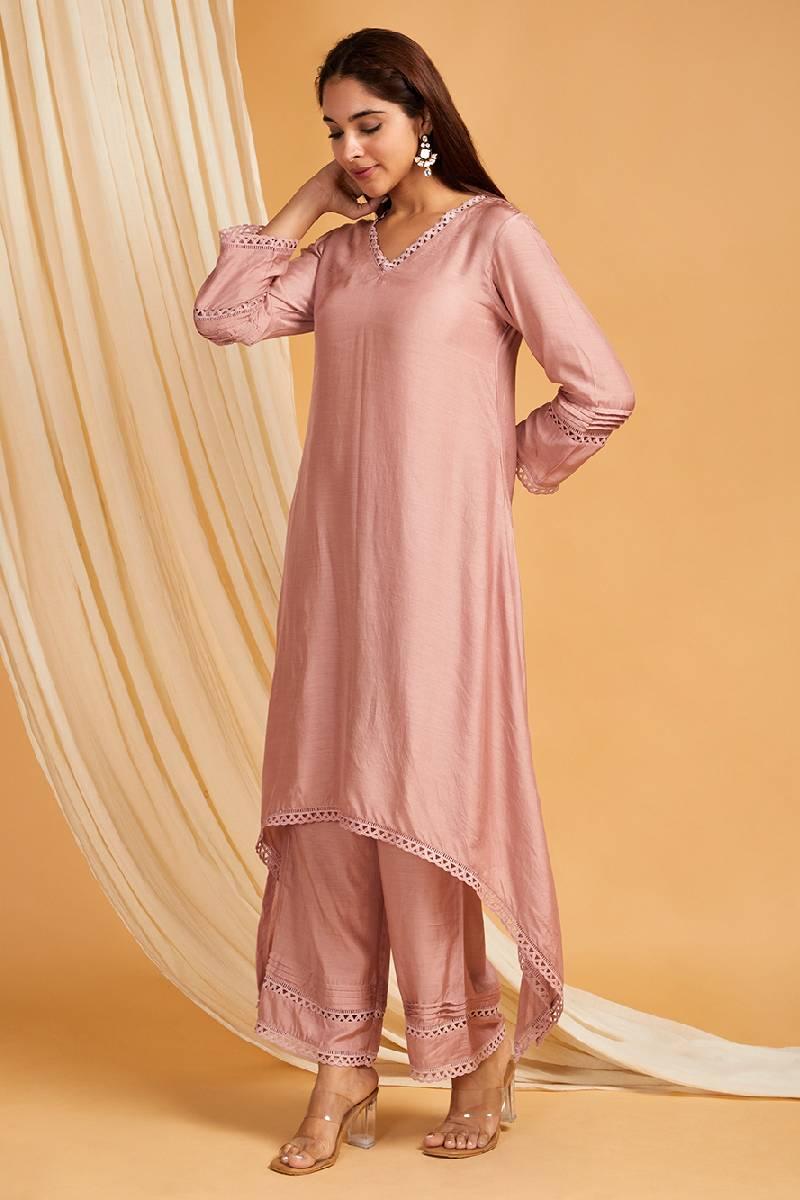 Old Rose A-Line Cotton Silk Kurta & Pants with Lace Work- Set  of 2