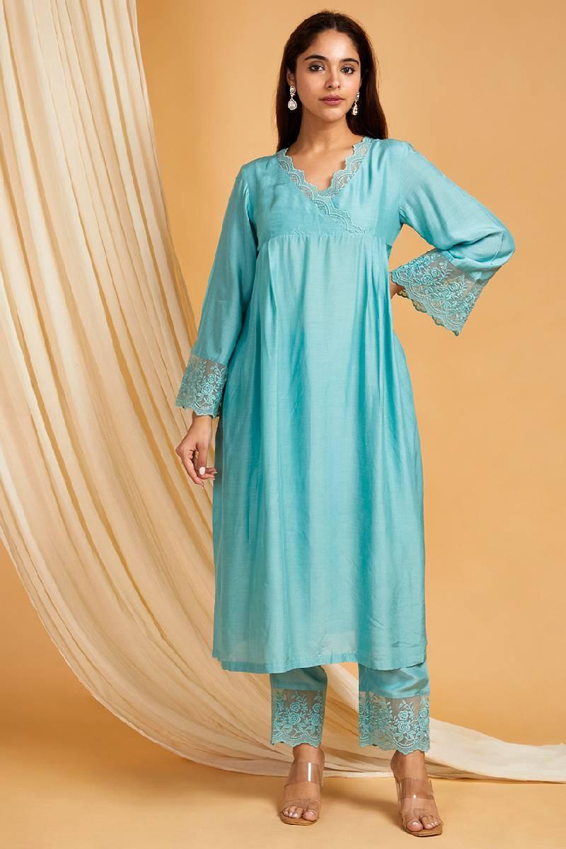 Sky Blue Lace Work Cotton Silk Kurta with Pants - Set of 2