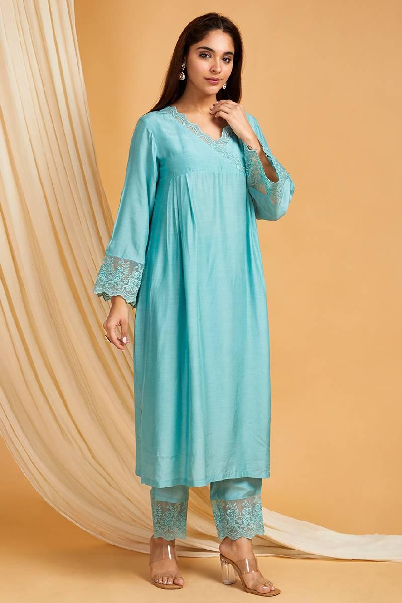 Sky Blue Cotton Silk Kurta with Lace work