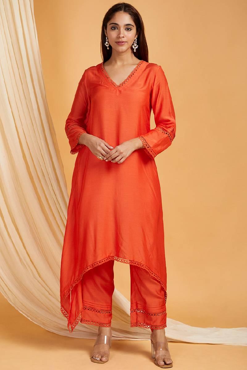 Red A-Line Lace Cotton Silk Kurta with Pants -Set of 2