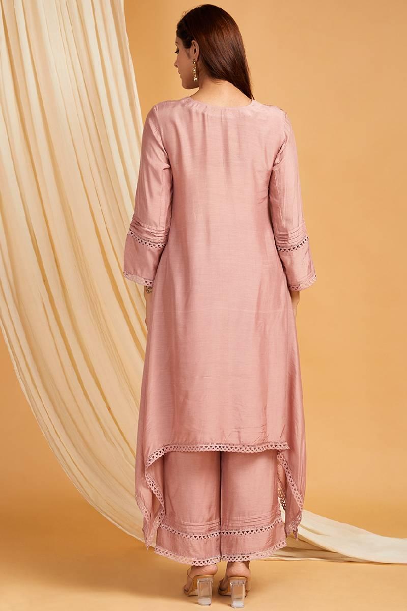 Old Rose A-Line Cotton Silk Kurta & Pants with Lace Work- Set  of 2