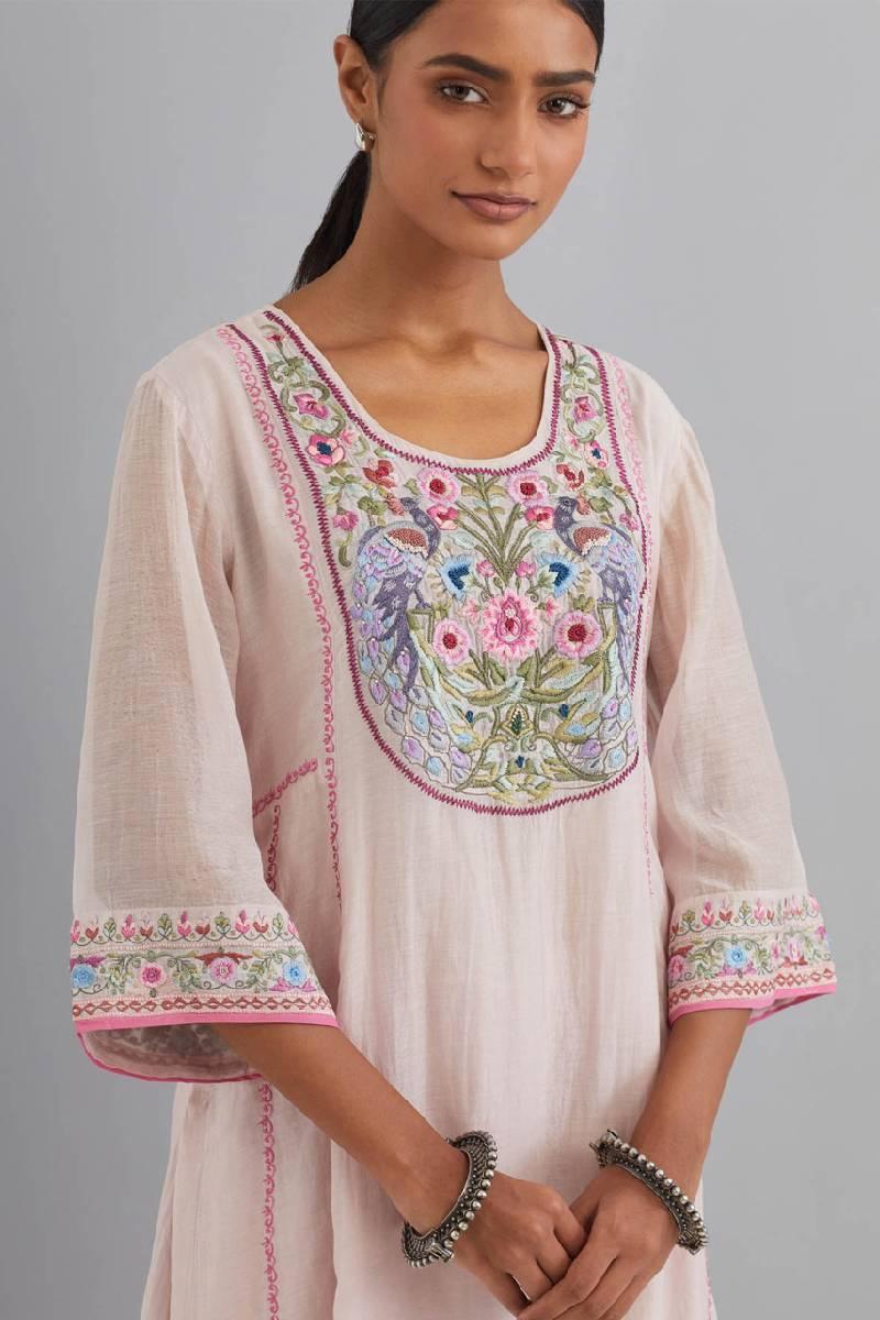 Lilac Pink Embroidered Chanderi Kurta Set of 3