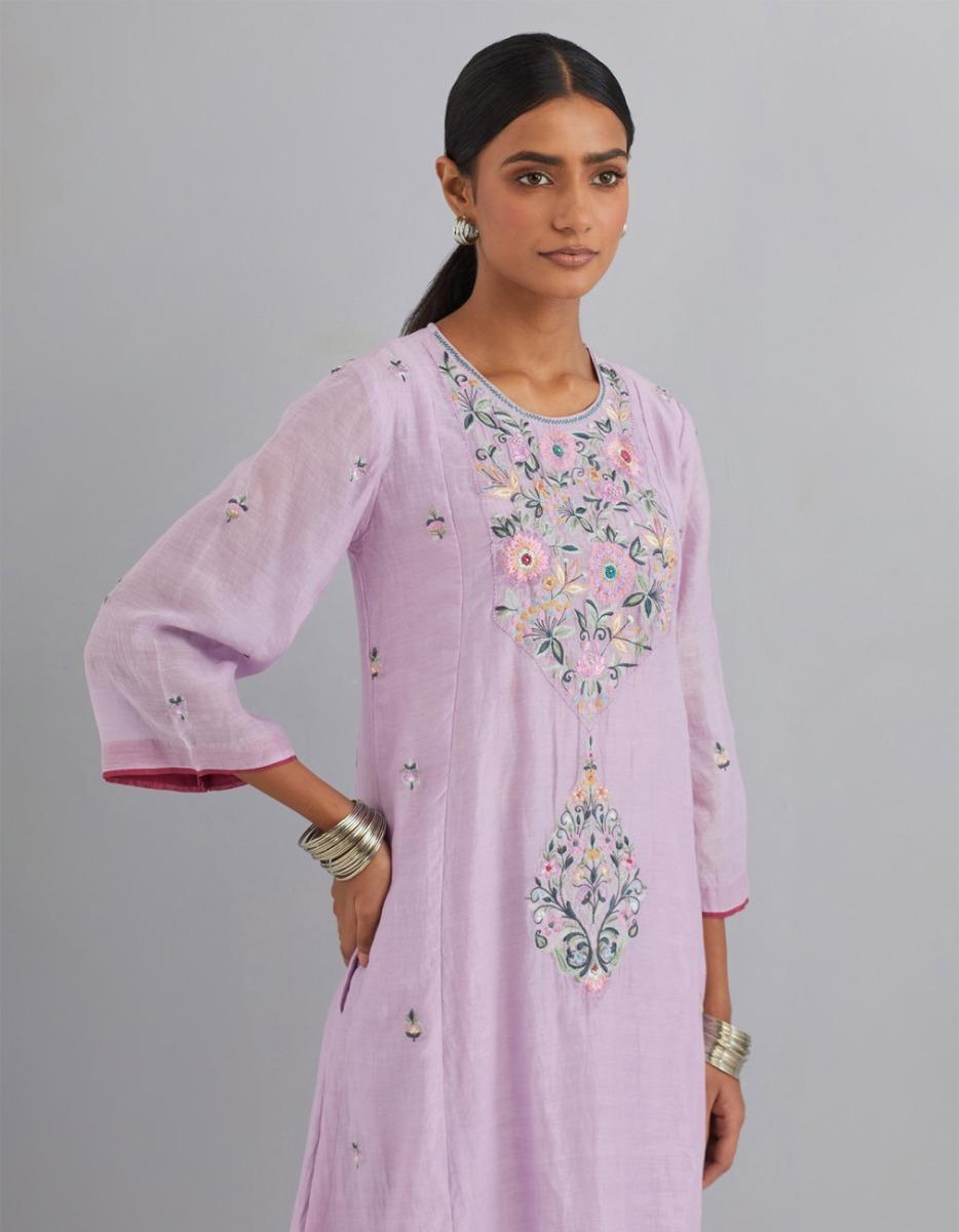 Lavender Embroidered Chanderi Kurta Set of 3