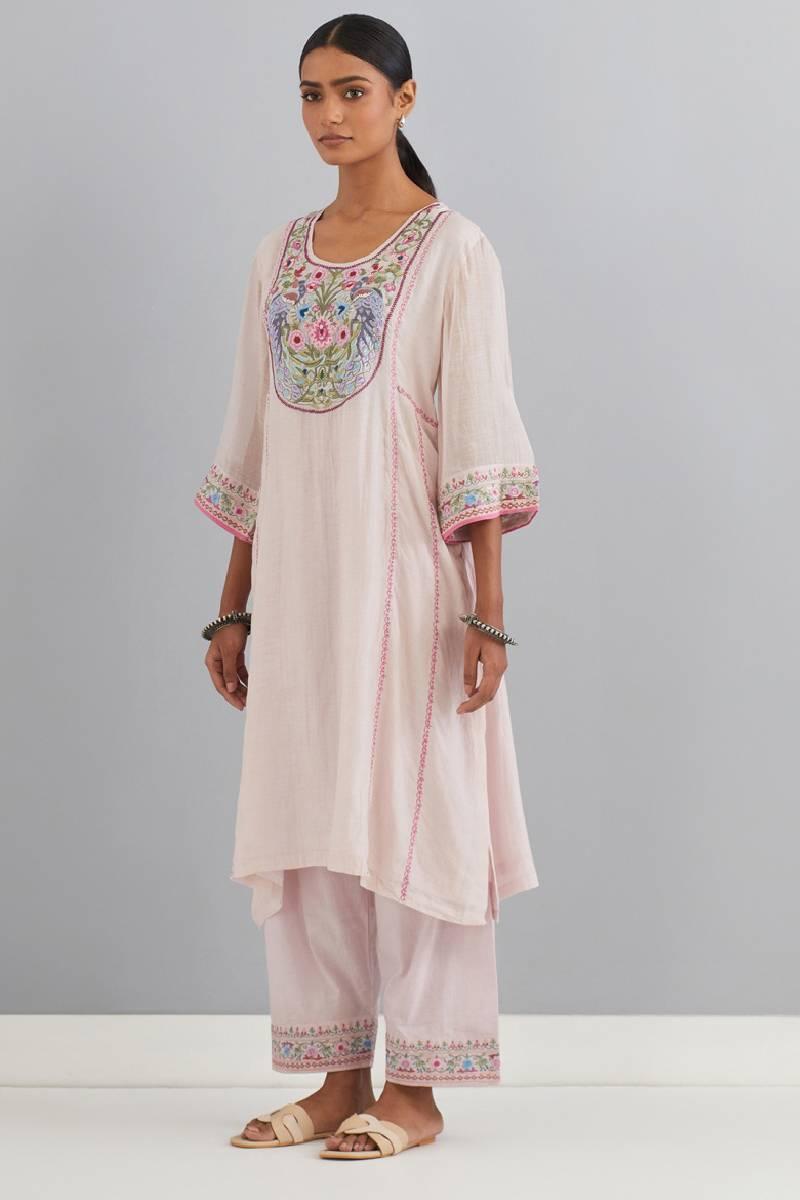 Lilac Pink Embroidered Chanderi Kurta Set of 3