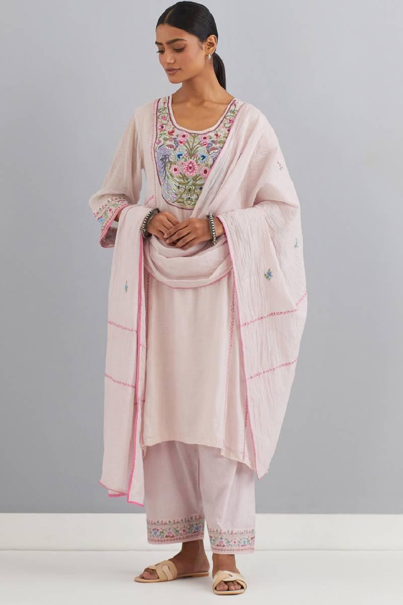 Lilac Pink Embroidered Chanderi Kurta