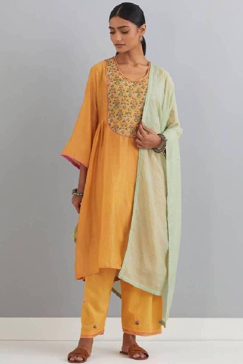 Mustard Embroidered Chanderi Dupatta