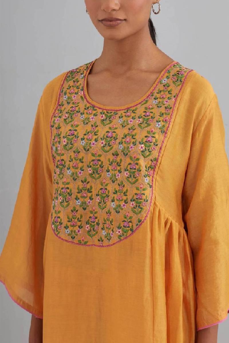 Mustard Embroidered Chanderi Kurta