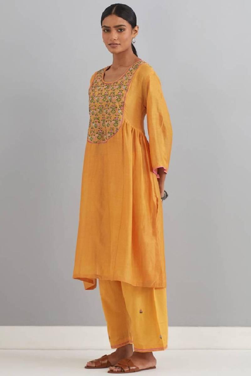 Mustard Embroidered Chanderi Kurta Set of 3