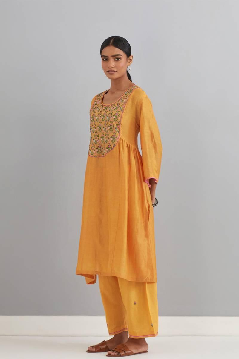 Mustard Embroidered Chanderi Kurta