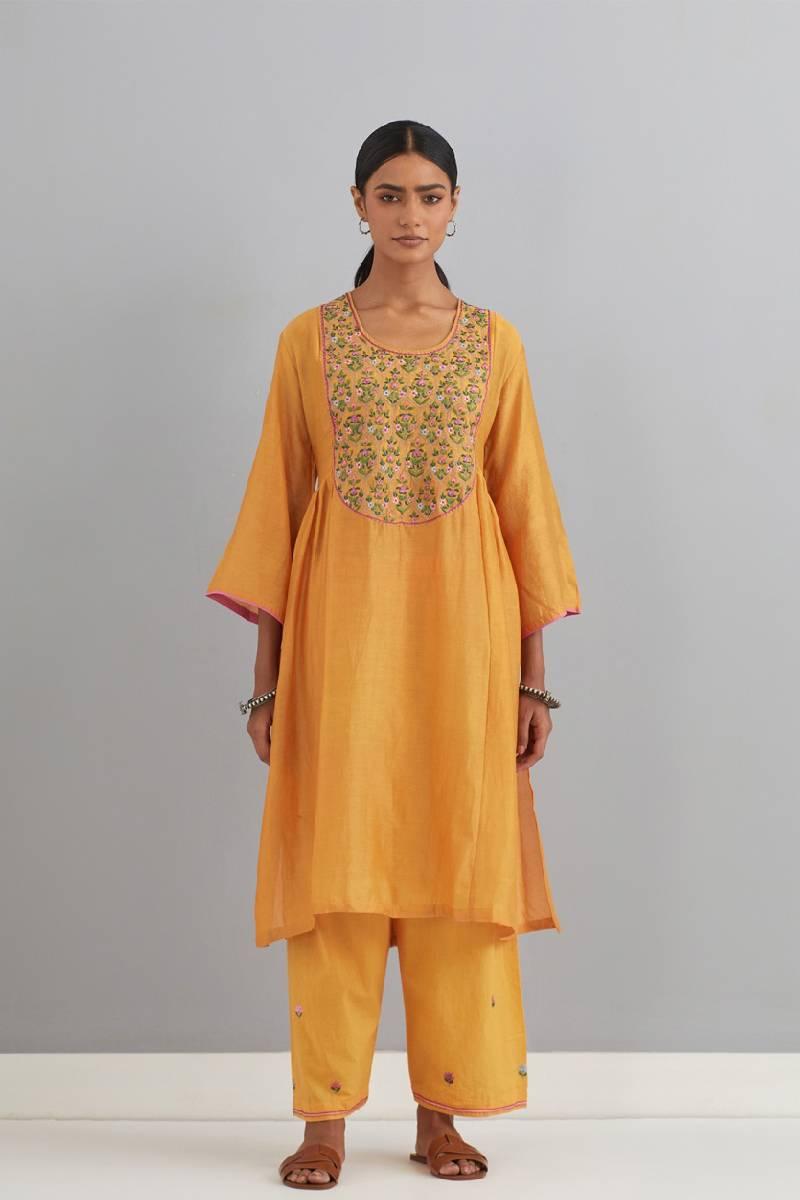 Mustard Embroidered Chanderi Kurta