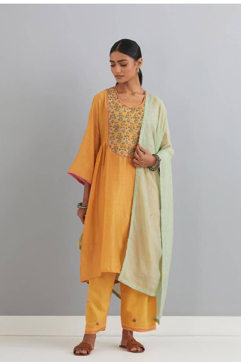 Mustard Embroidered Chanderi Kurta