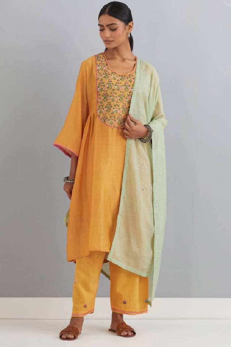 Mustard Embroidered Chanderi Kurta Set of 3