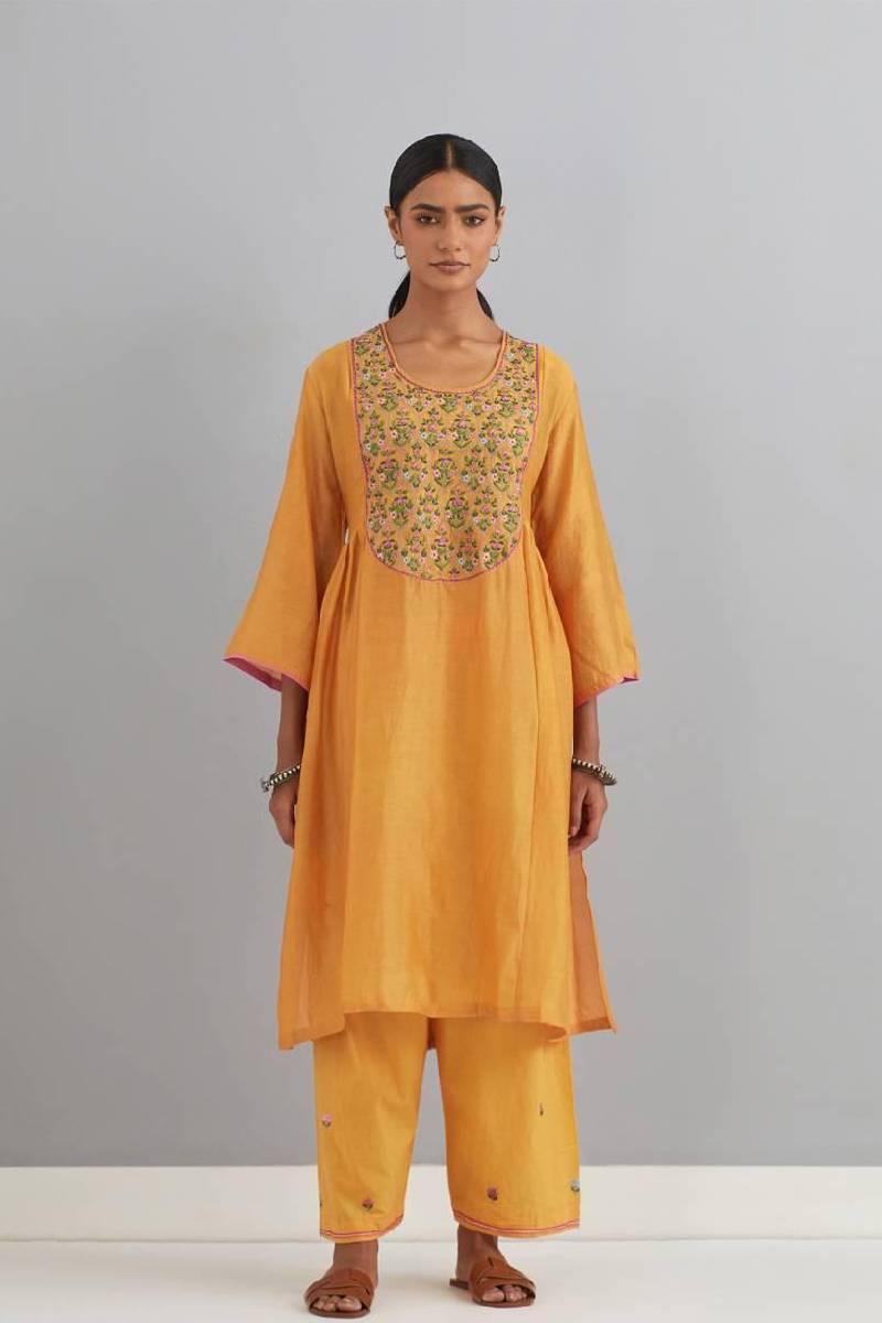 Mustard Embroidered Chanderi Pant