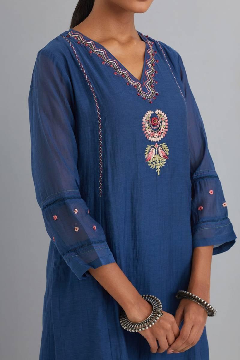 Navy Blue Embroidered Chanderi Kurta