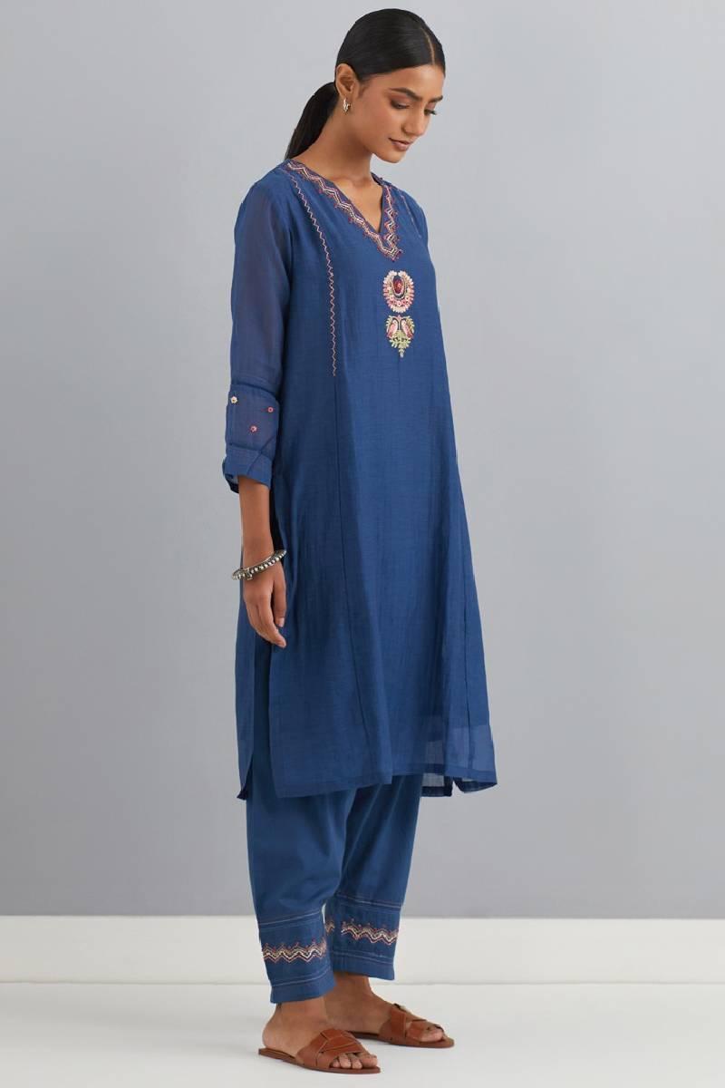 Navy Blue Embroidered Chanderi Kurta Set of 3