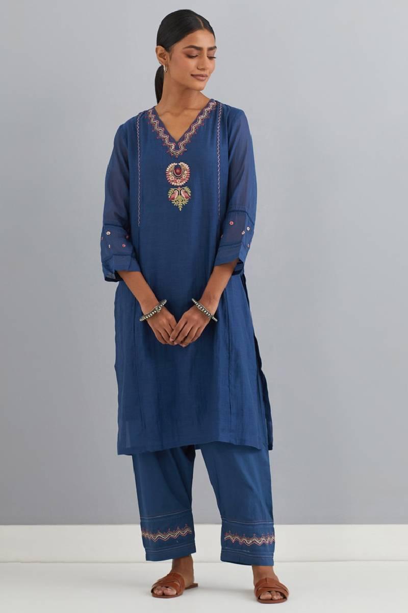 Navy Blue Embroidered Chanderi Kurta Set of 3