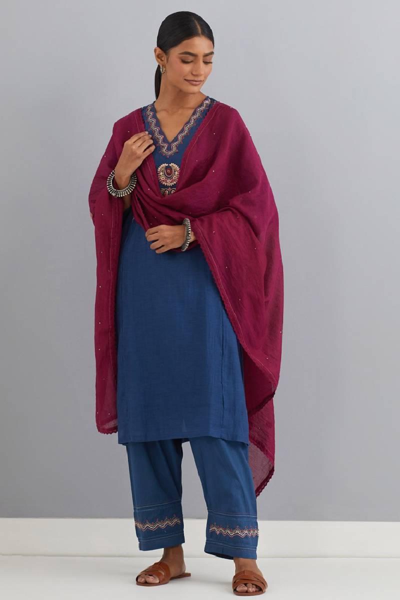 Navy Blue Embroidered Chanderi Kurta