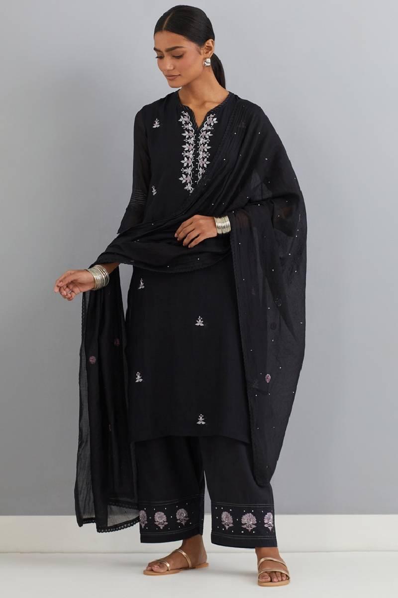 Black Embroidered Chanderi Kurta Set of 3