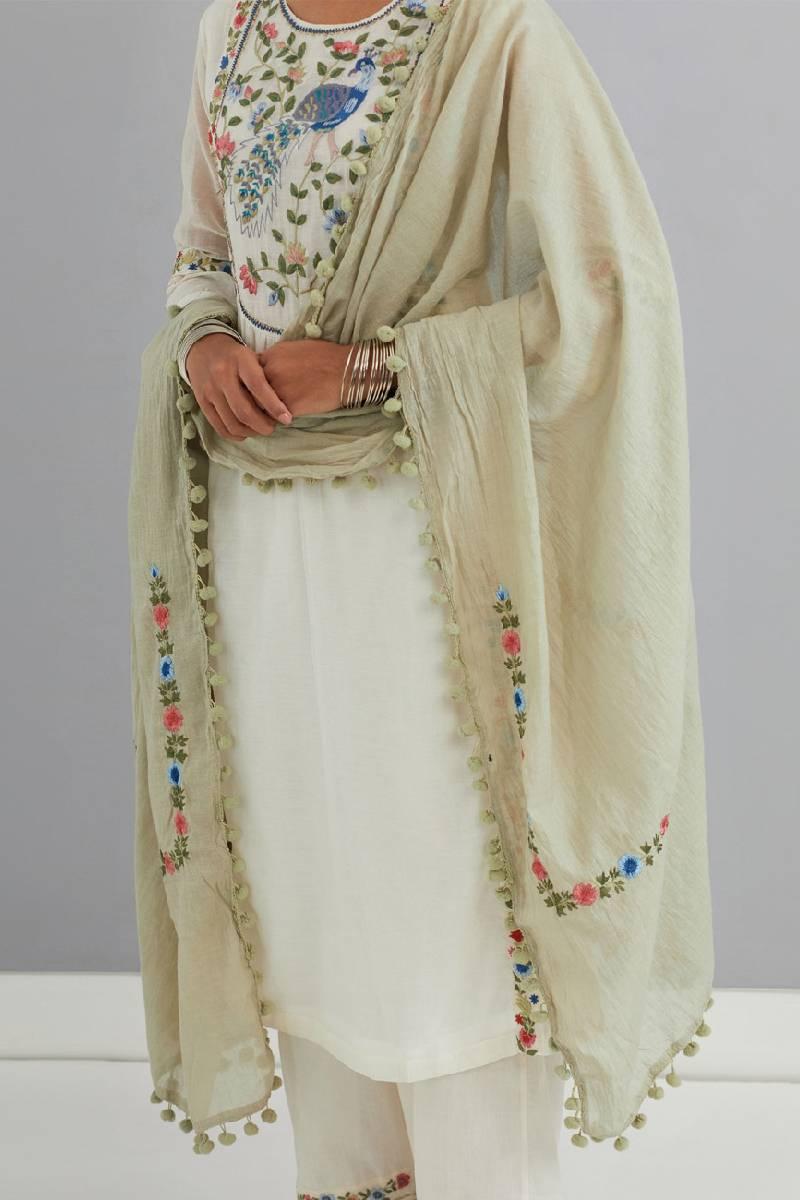 Off White Embroidered Chanderi Dupatta