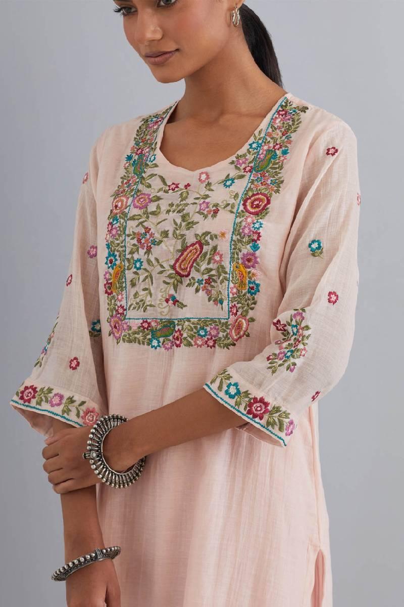 Peach Embroidered Chanderi Kurta Set of 3