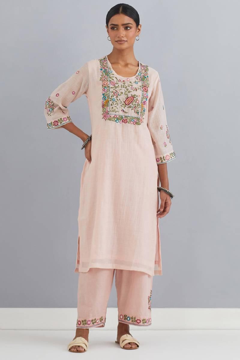 Peach Embroidered Chanderi Kurta Set of 3