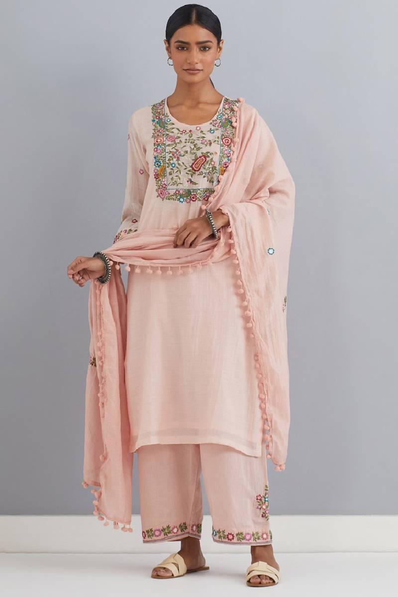 Peach Embroidered Chanderi Kurta