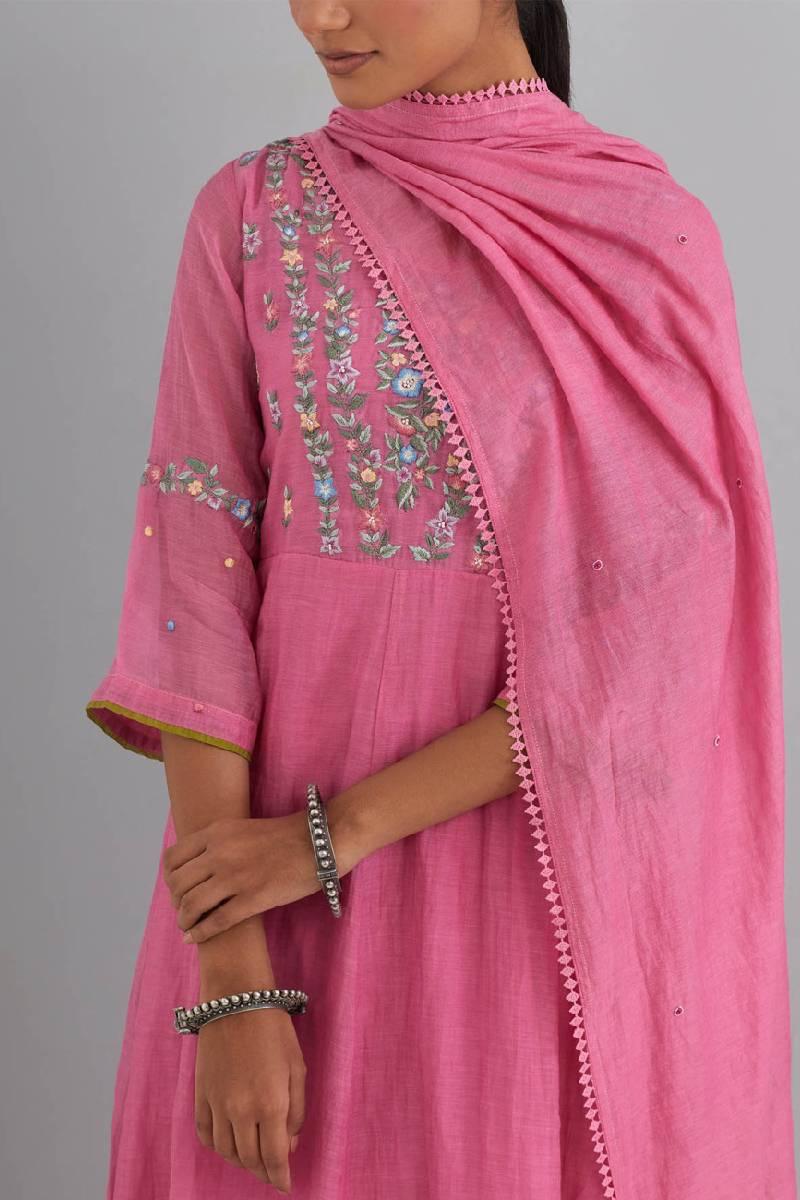 Powder Pink Embroidered Chanderi Kurta Set of 3