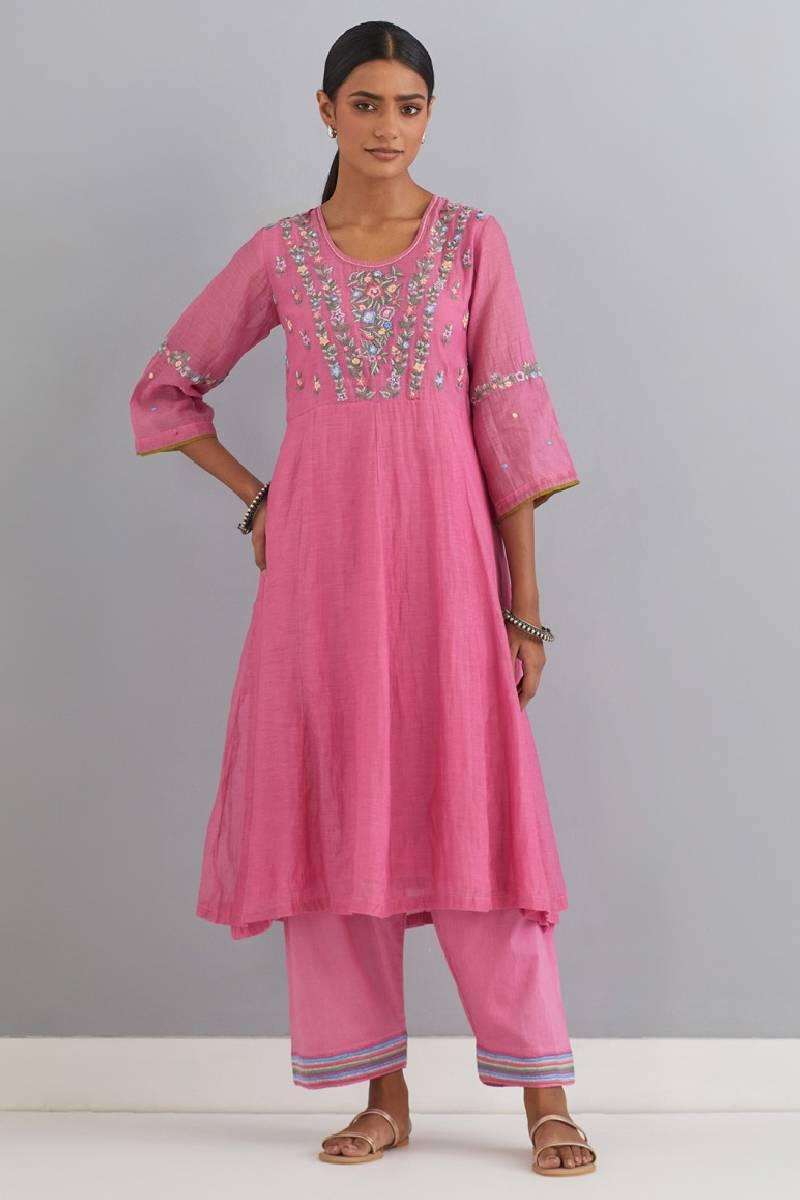 Powder Pink Embroidered Chanderi Kurta Set of 3