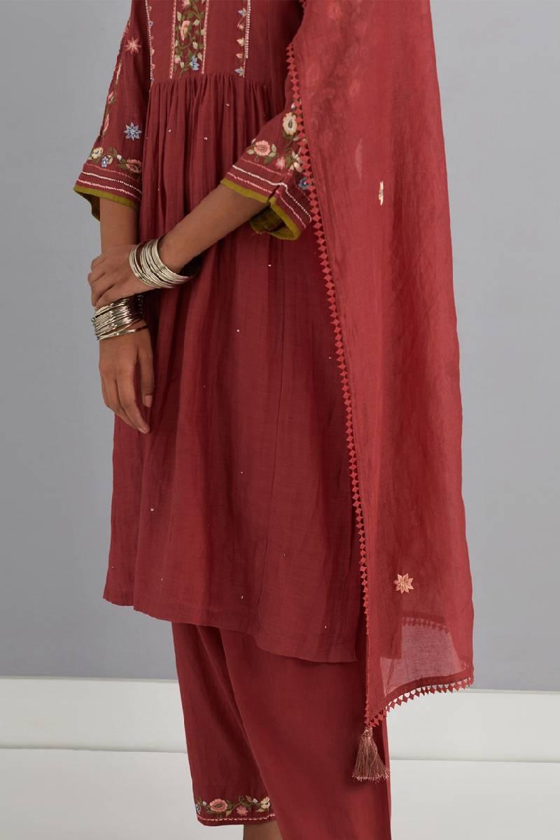 Red Embroidered Chanderi Kurta