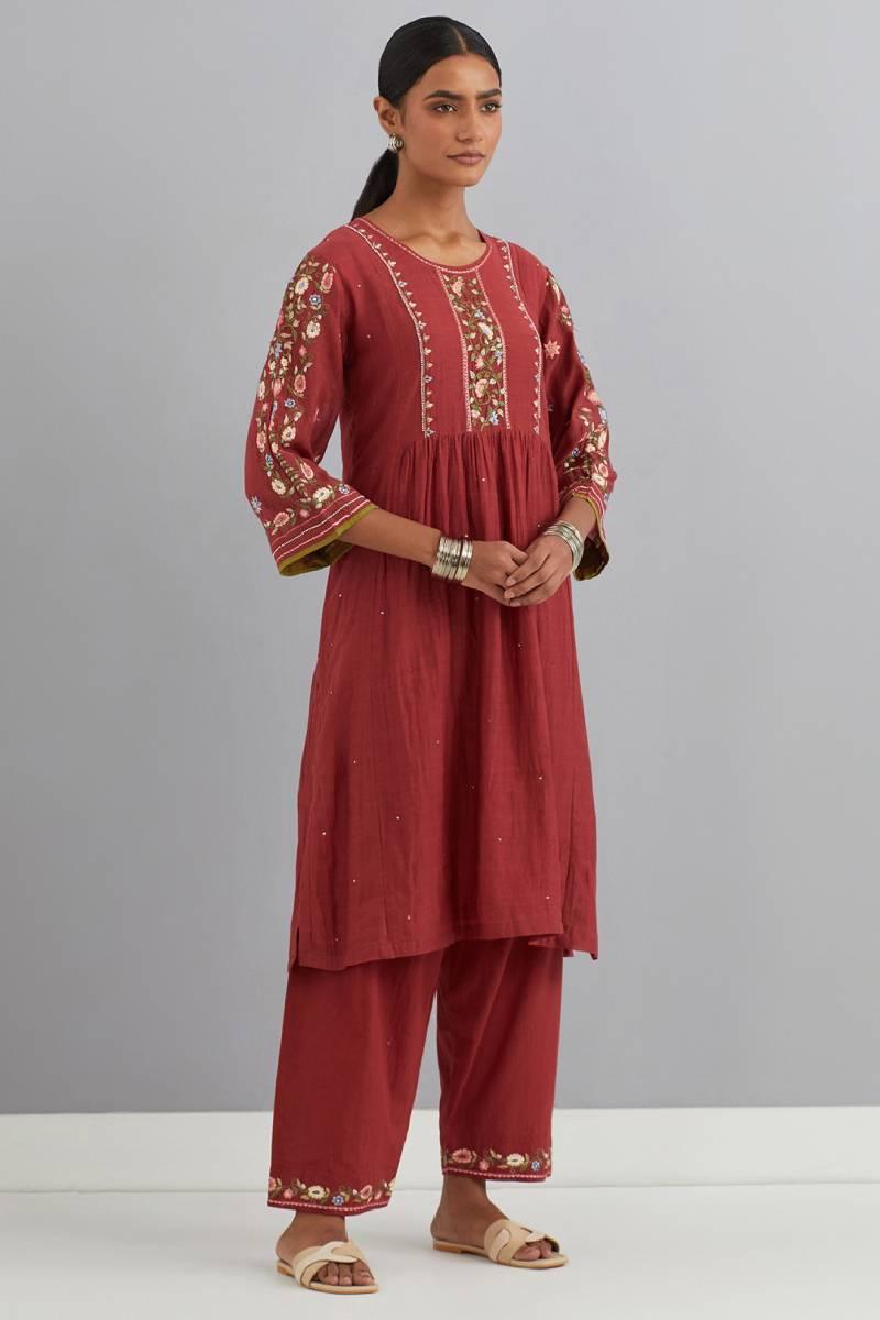 Red Embroidered Chanderi Kurta Set of 3