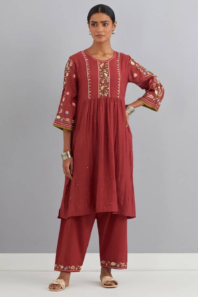 Red Embroidered Chanderi Kurta Set of 3