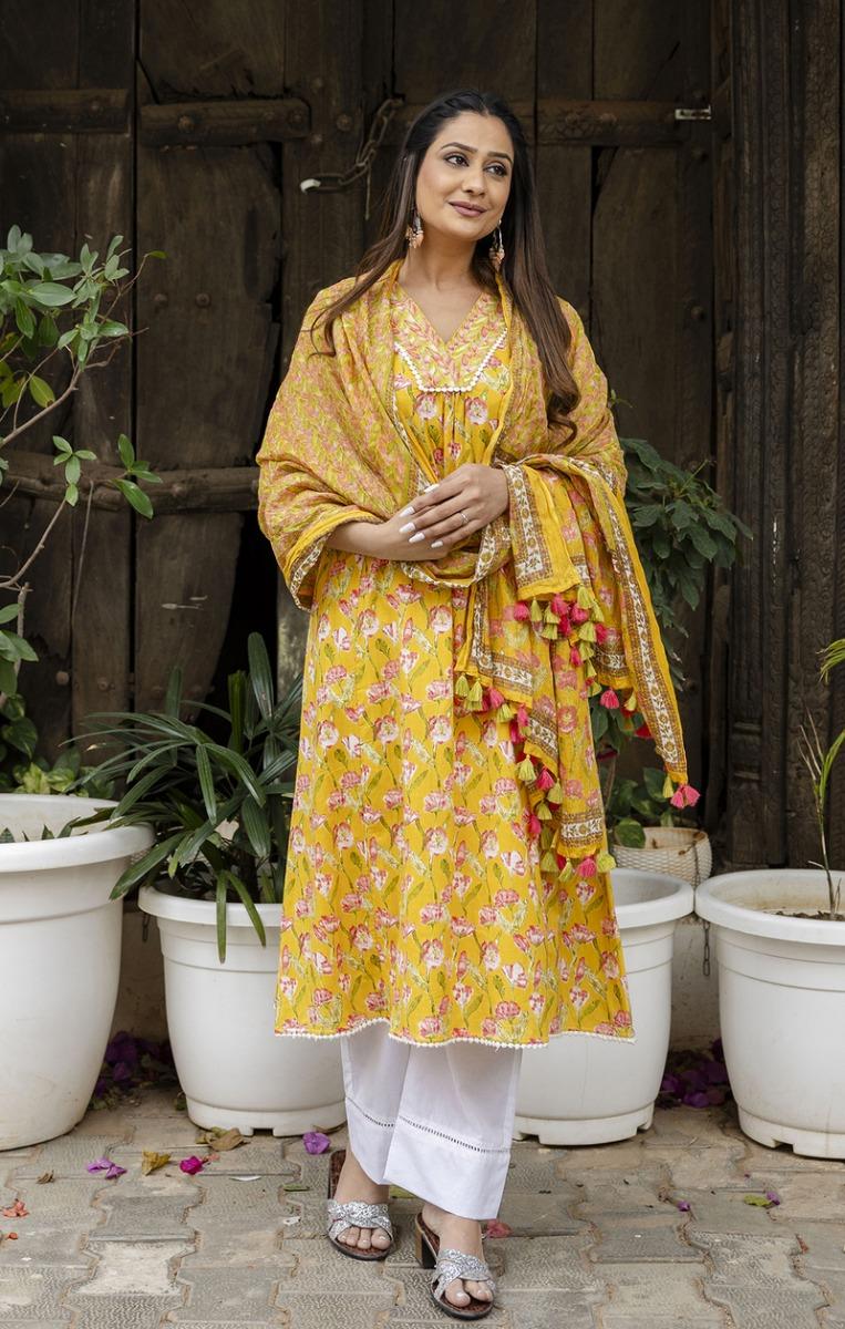 Yellow Printed Cotton Suit- Set of 3 Pcs