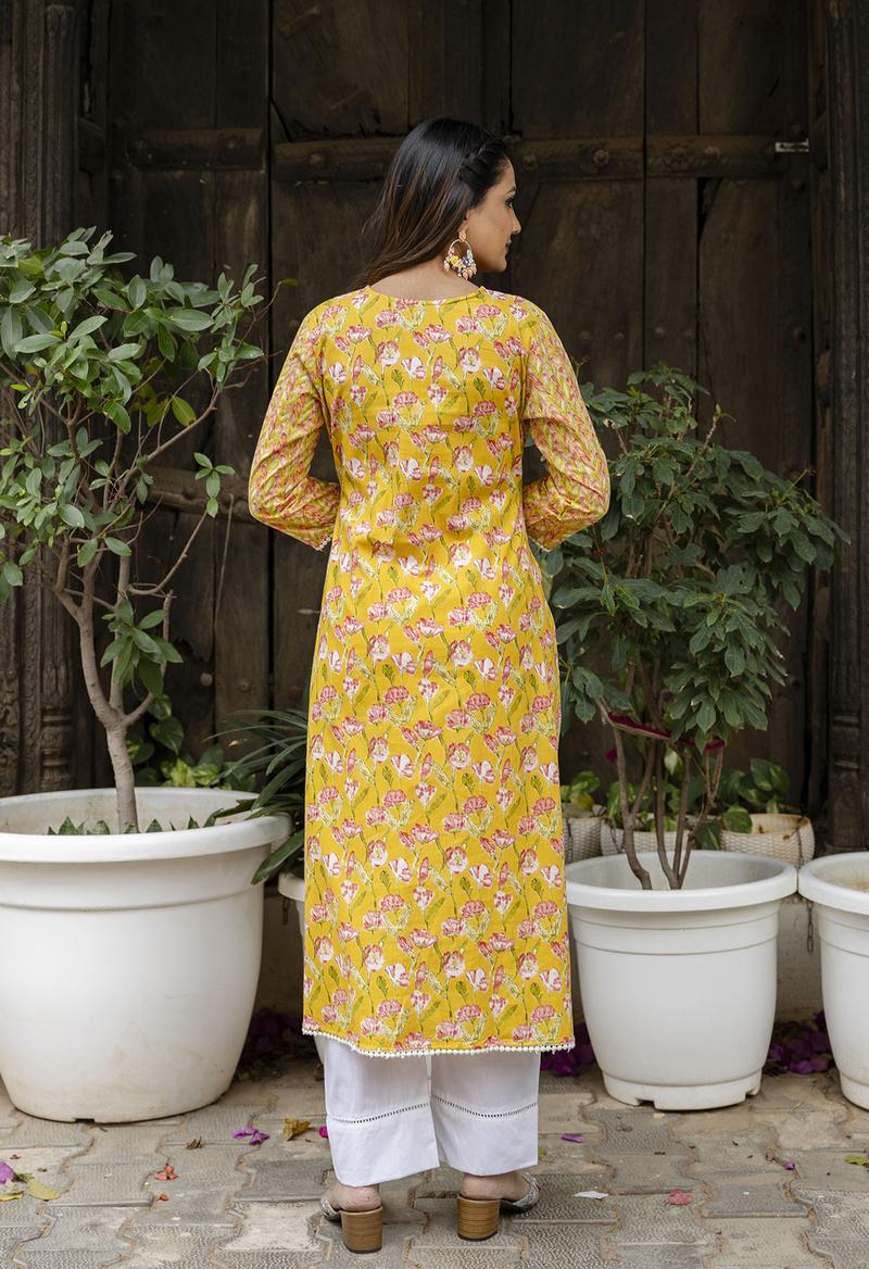 Yellow Printed Cotton Suit- Set of 3 Pcs