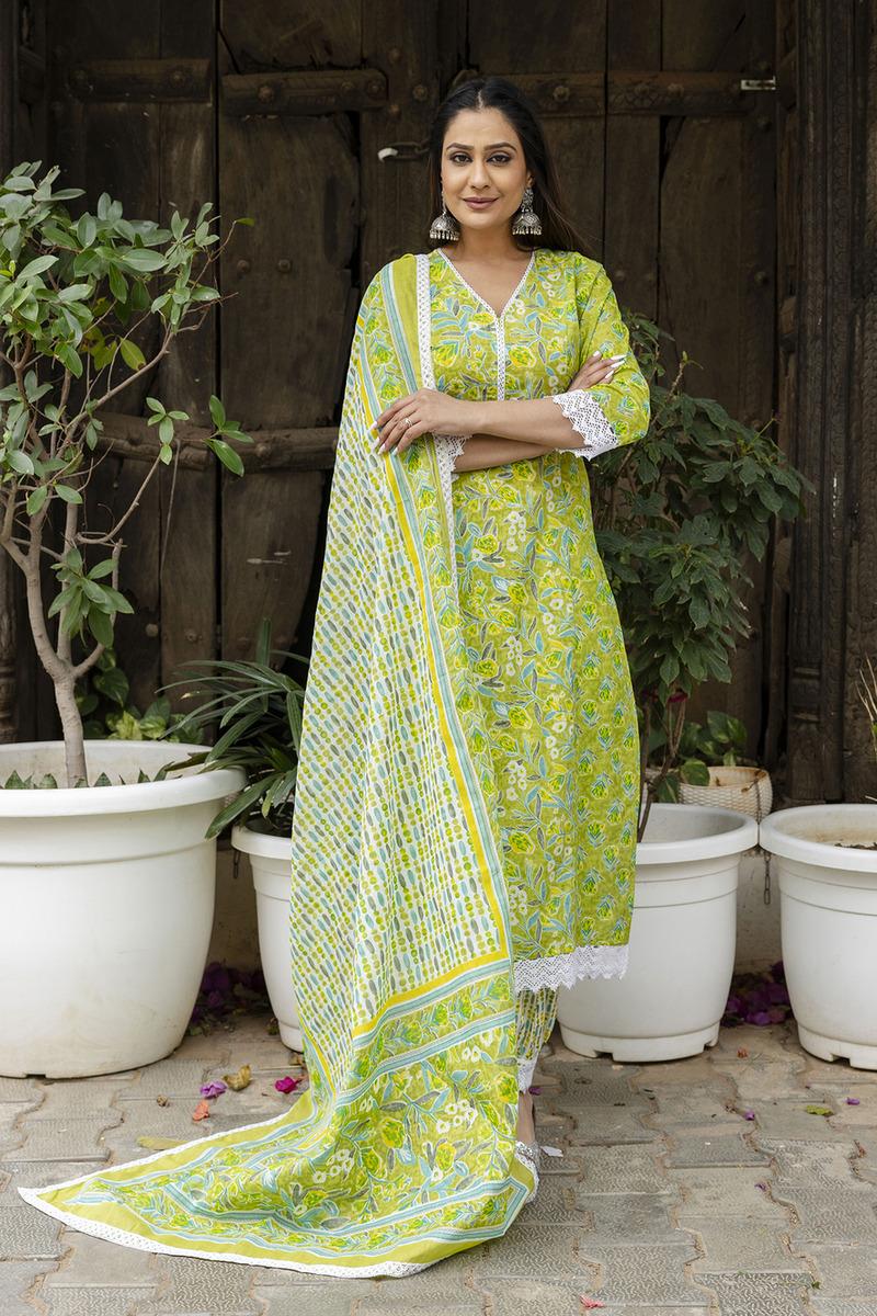 Green Printed Cotton Suit- Set of 3 Pcs