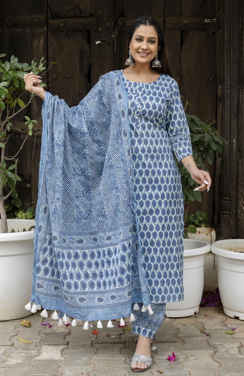 Blue Printed Cotton Suit- Set of 3 Pcs