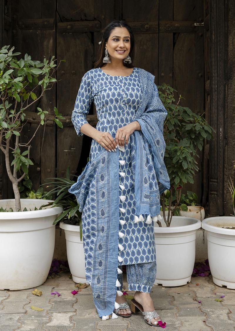 Blue Printed Cotton Suit- Set of 3 Pcs